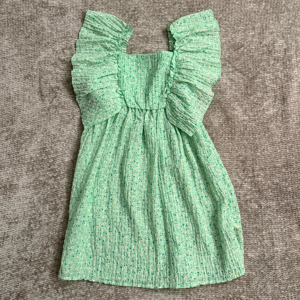 Primark Girls Green Floral Ruffle Sleeve Dress 7-8Y Spring Easter Cottagecore